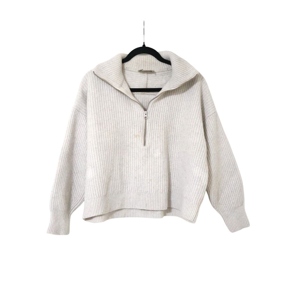 Everlane Ivory Ribbed Wool Half Zip Cropped Sweater XL Office Career